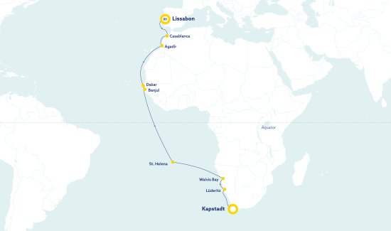 Weltreise Route 1 von Lissabon nach Kapstadt mit nicko cruises Seereise Routenkarte Etappe 1